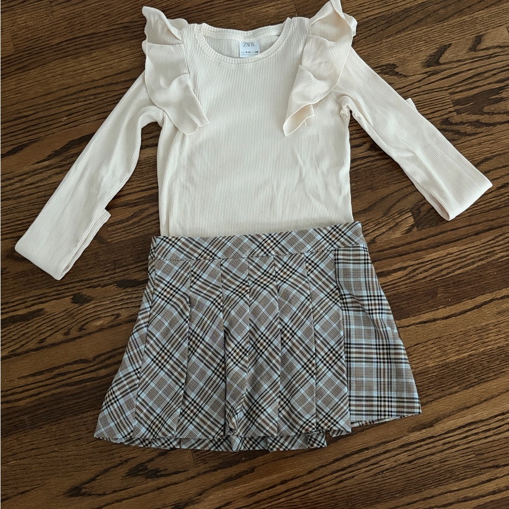 Zara Cream Top and Plaid Skirt Set for Kids